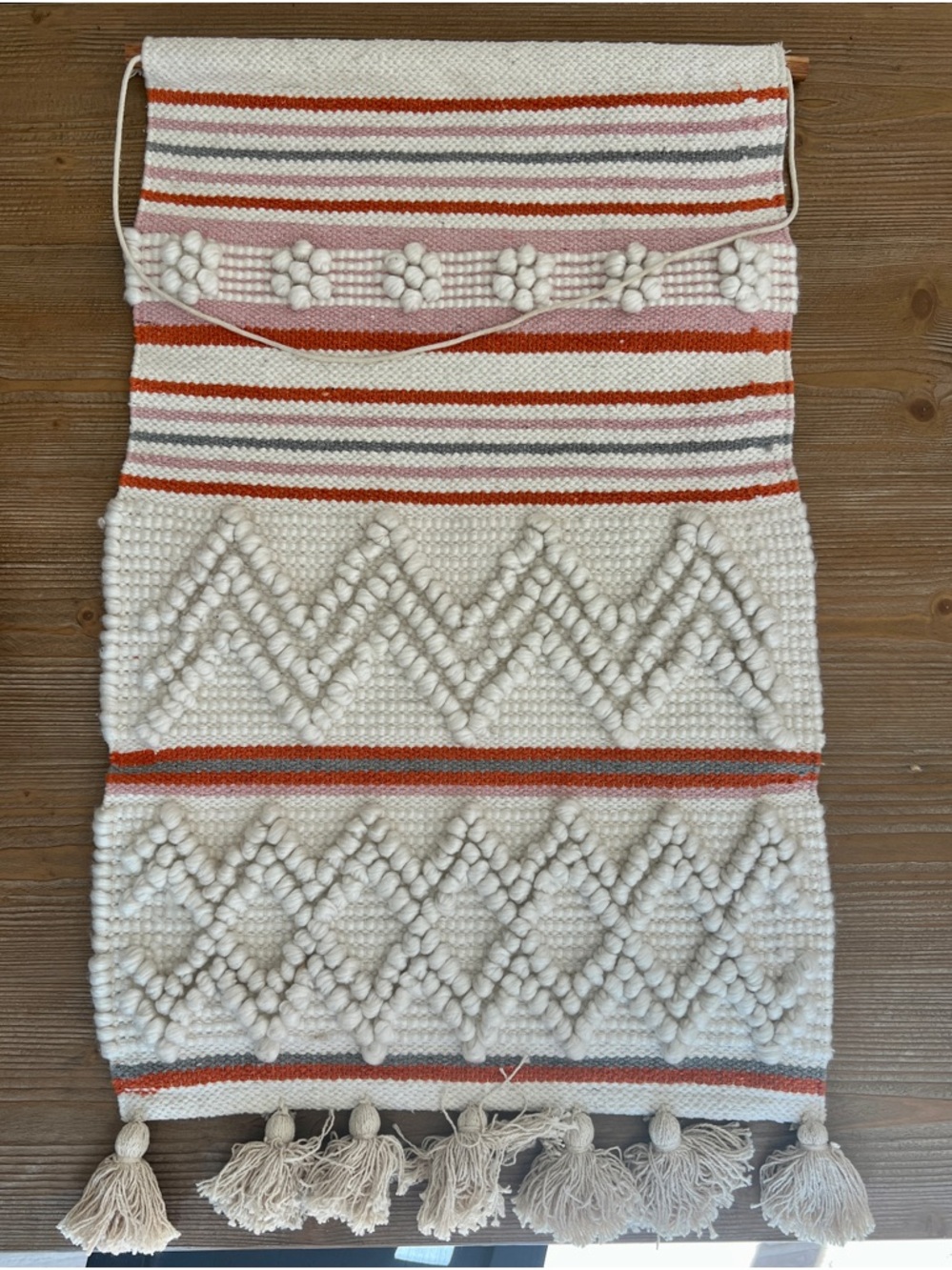 Handwoven Boho Wall Hanging with Tassels - Cream, Rust & Pink Stripes